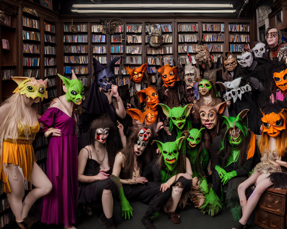 Colorful and Spooky Masked Group Poses in Library