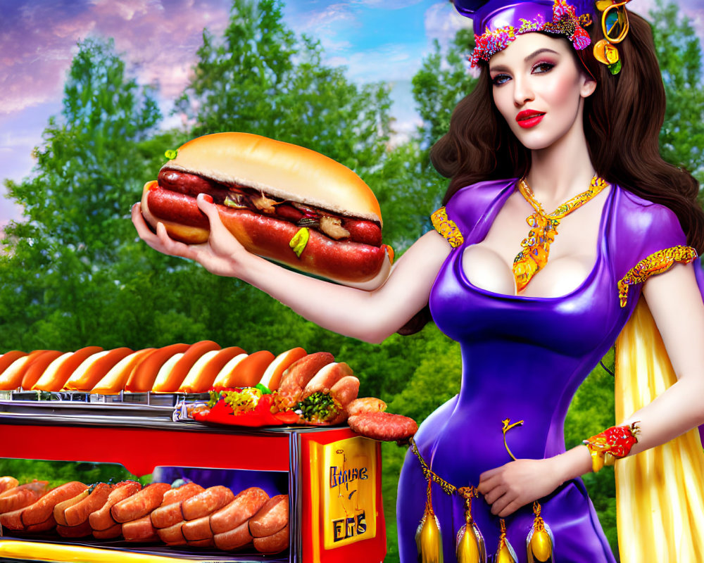 Illustrated woman in purple dress with hot dog and cart in scenic backdrop