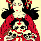 Illustration of pale-skinned person in red and black attire with ornate skulls