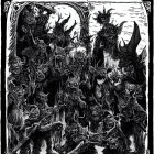 Monochrome illustration: Menacing creatures with horns and fangs emerging from doorway