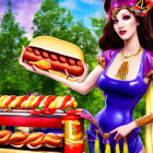 Illustrated woman in purple dress with hot dog and cart in scenic backdrop