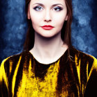 Woman with Blue Eyes in Yellow Velvet Top on Blue Background