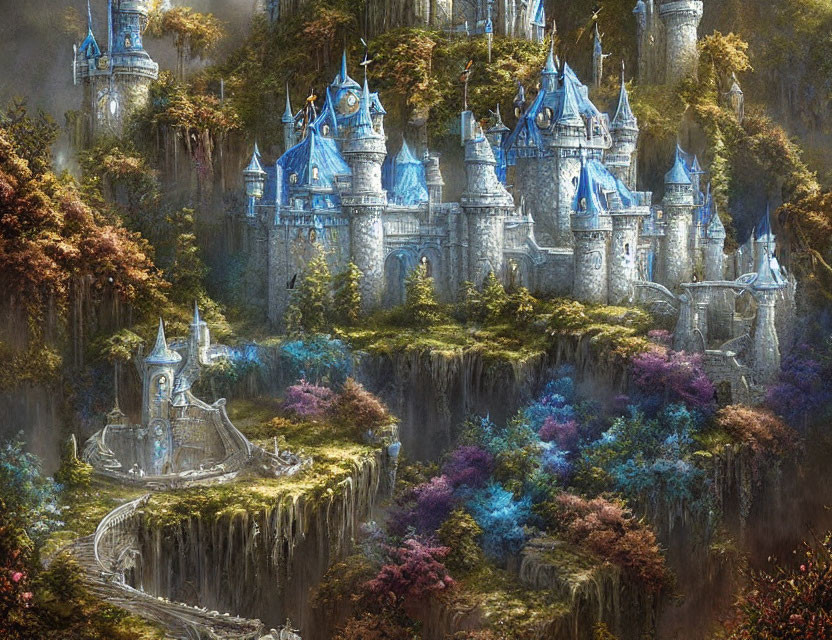 Mystical castle in vibrant forest with cascading waterfalls