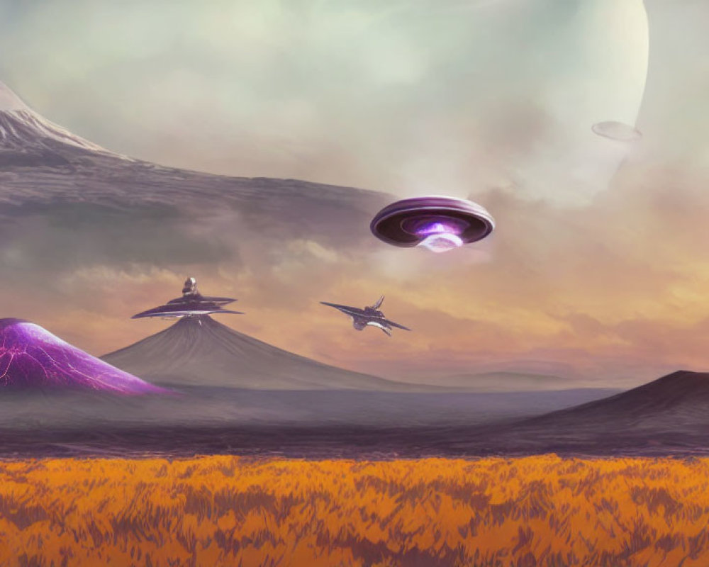 Colorful sci-fi landscape with purple volcanoes, golden fields, and UFOs under a celestial sky