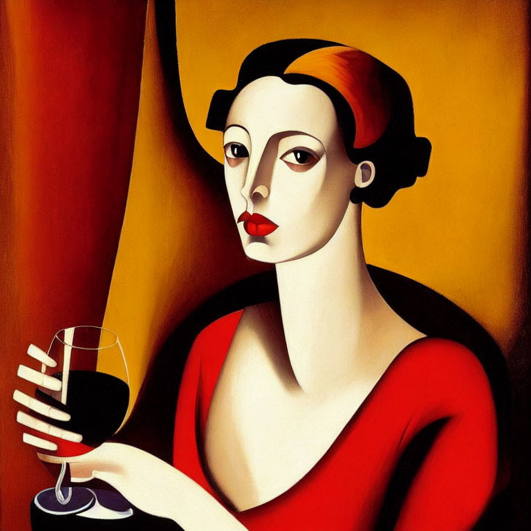 Stylized painting of woman with pale face and red lips holding glass of wine