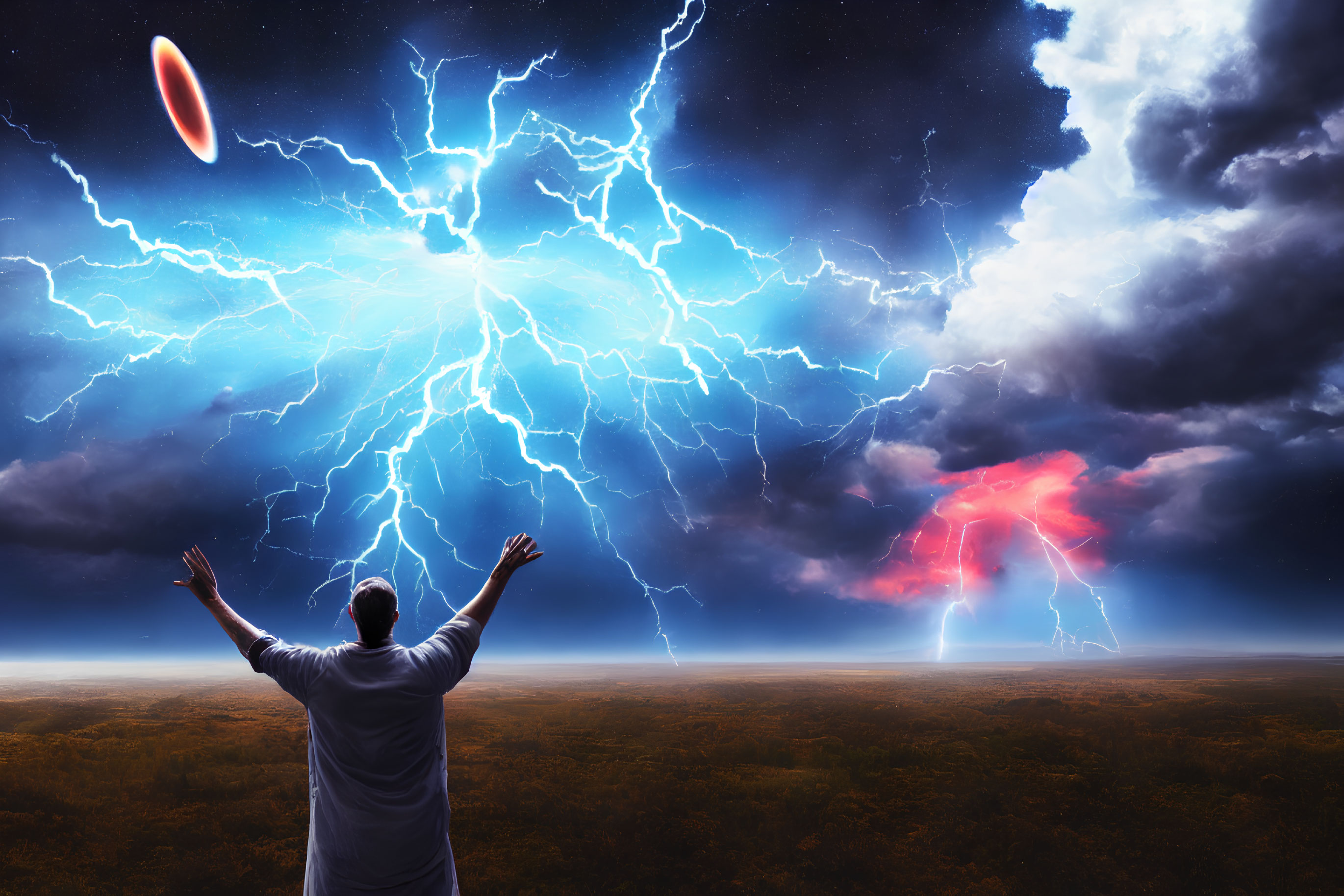 Person with raised arms under lightning-filled sky with ringed planet above landscape