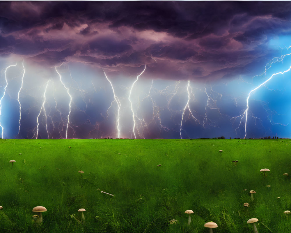Dramatic stormy sky over vibrant green meadow with lightning bolts