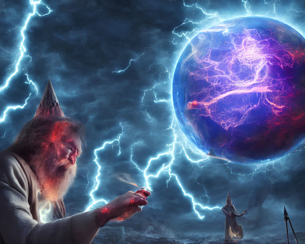 Wizard casting electrifying magic under stormy sky with glowing orb & another sorcerer.
