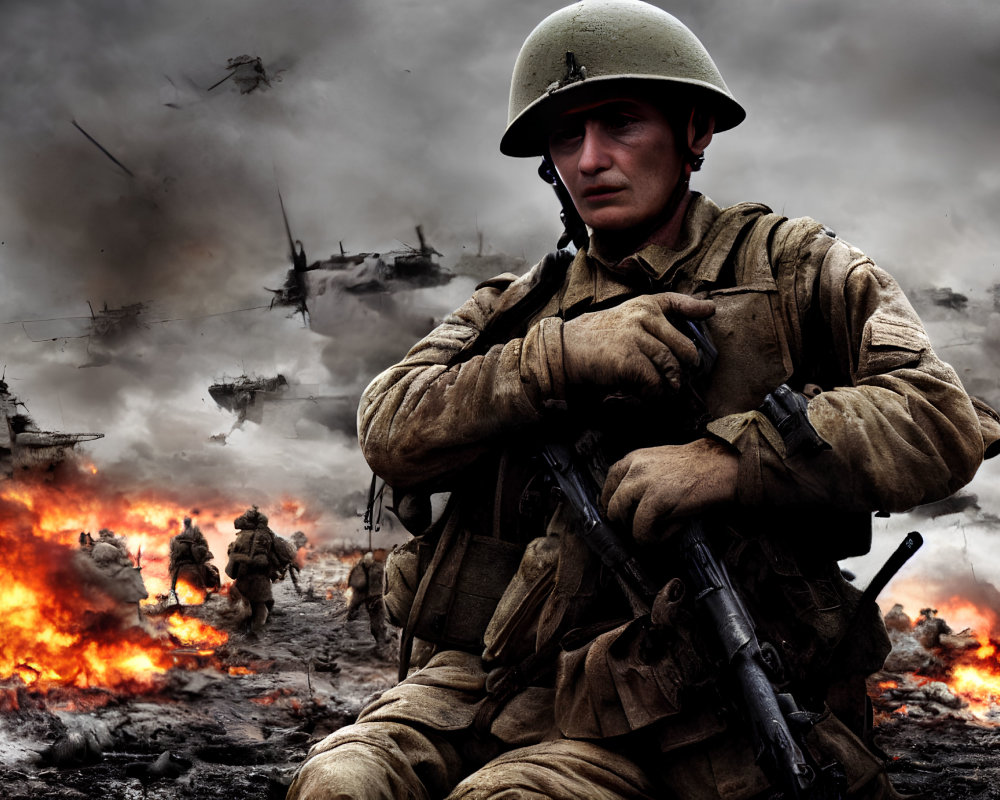Soldier in combat gear amidst chaotic battlefield with fires and explosions.