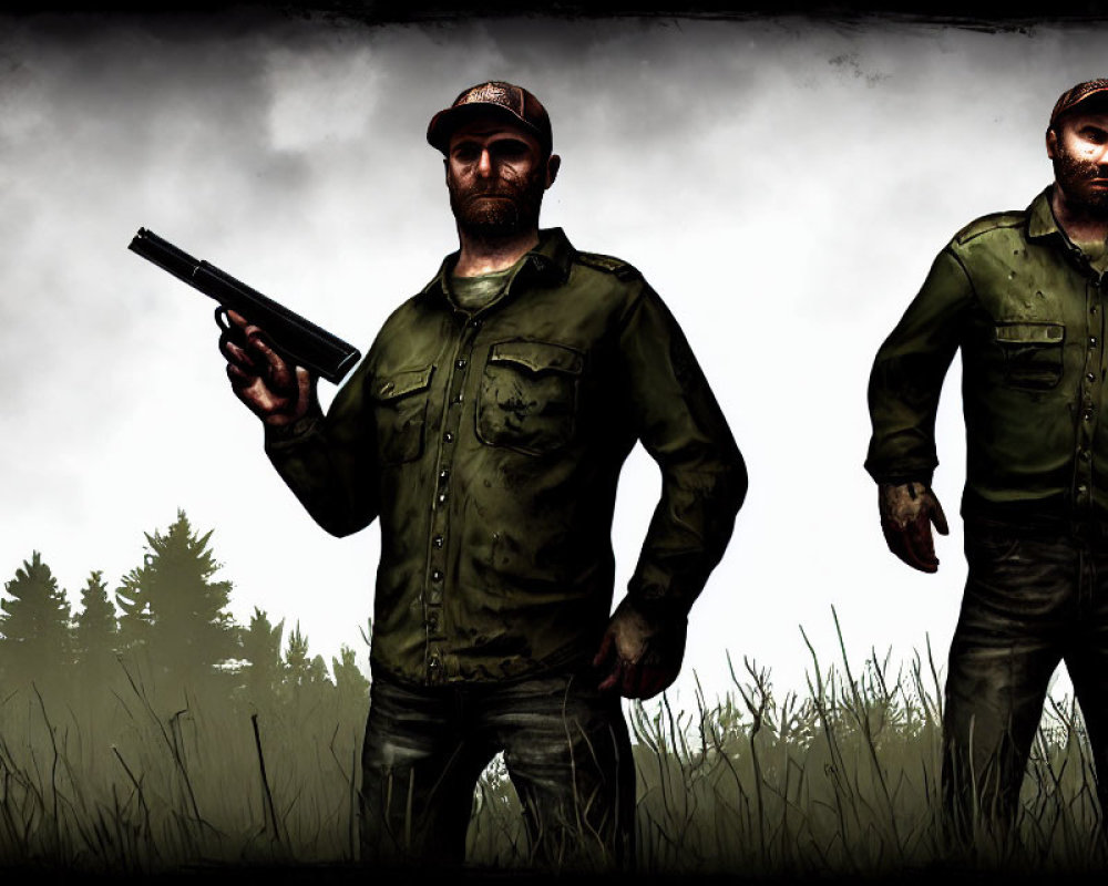 Bearded men with pistol in dark, moody field setting