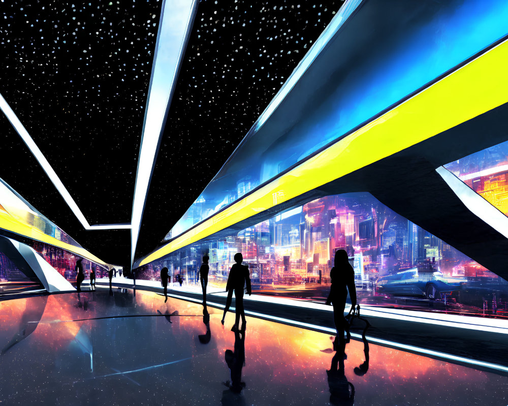 Futuristic Spaceport with Travelers under Starry Sky