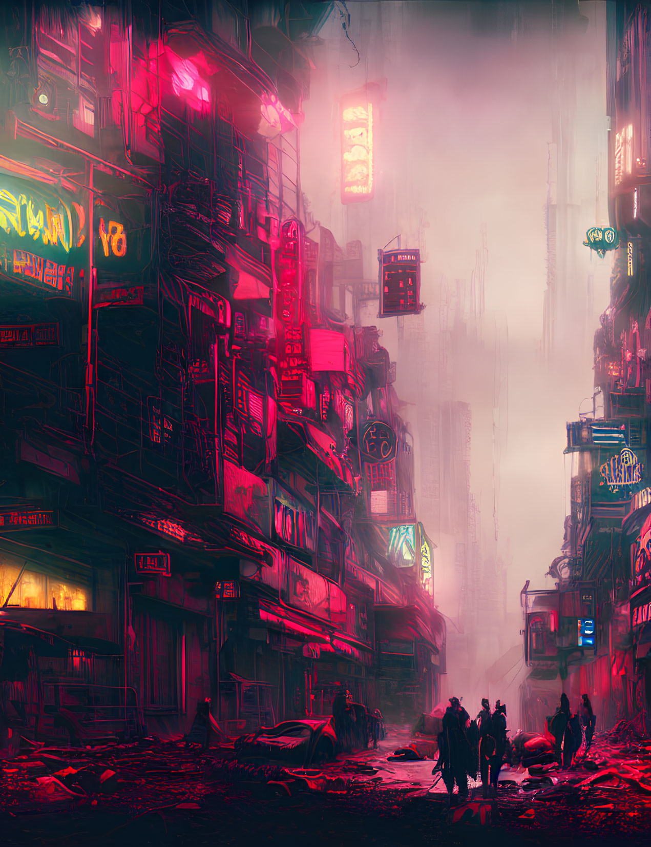 Silhouetted figures in neon-lit dystopian alley with futuristic signboards