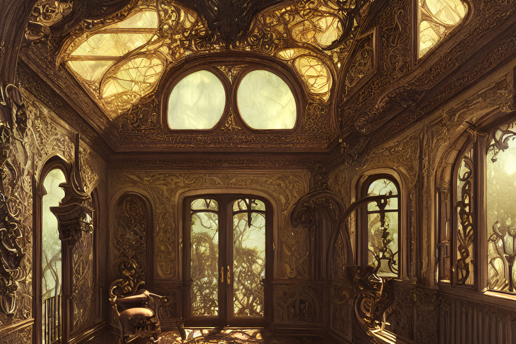 Luxurious sunlit room with golden woodwork and forest view.