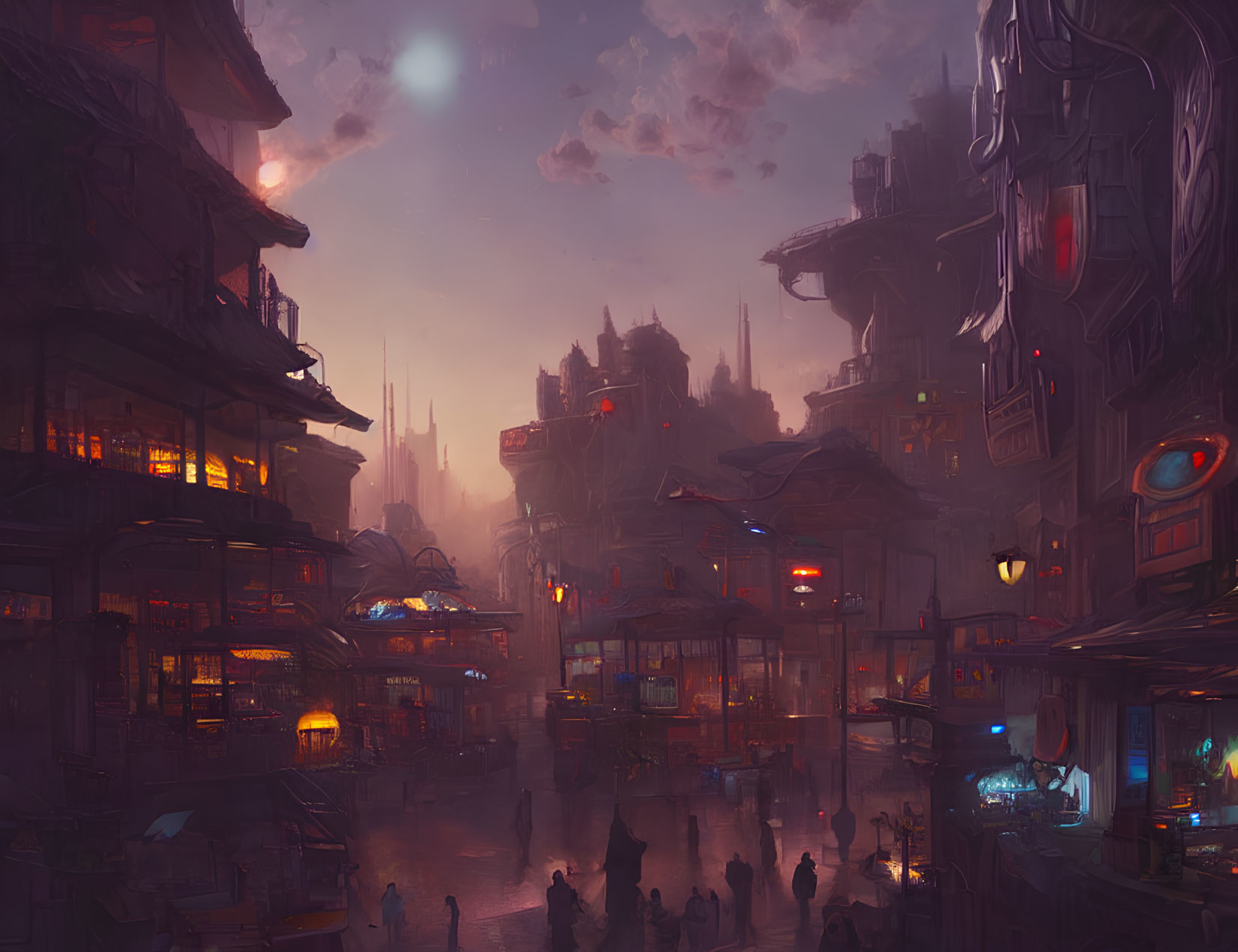 Futuristic cityscape at twilight: towering structures, neon signs, and silhouettes under a