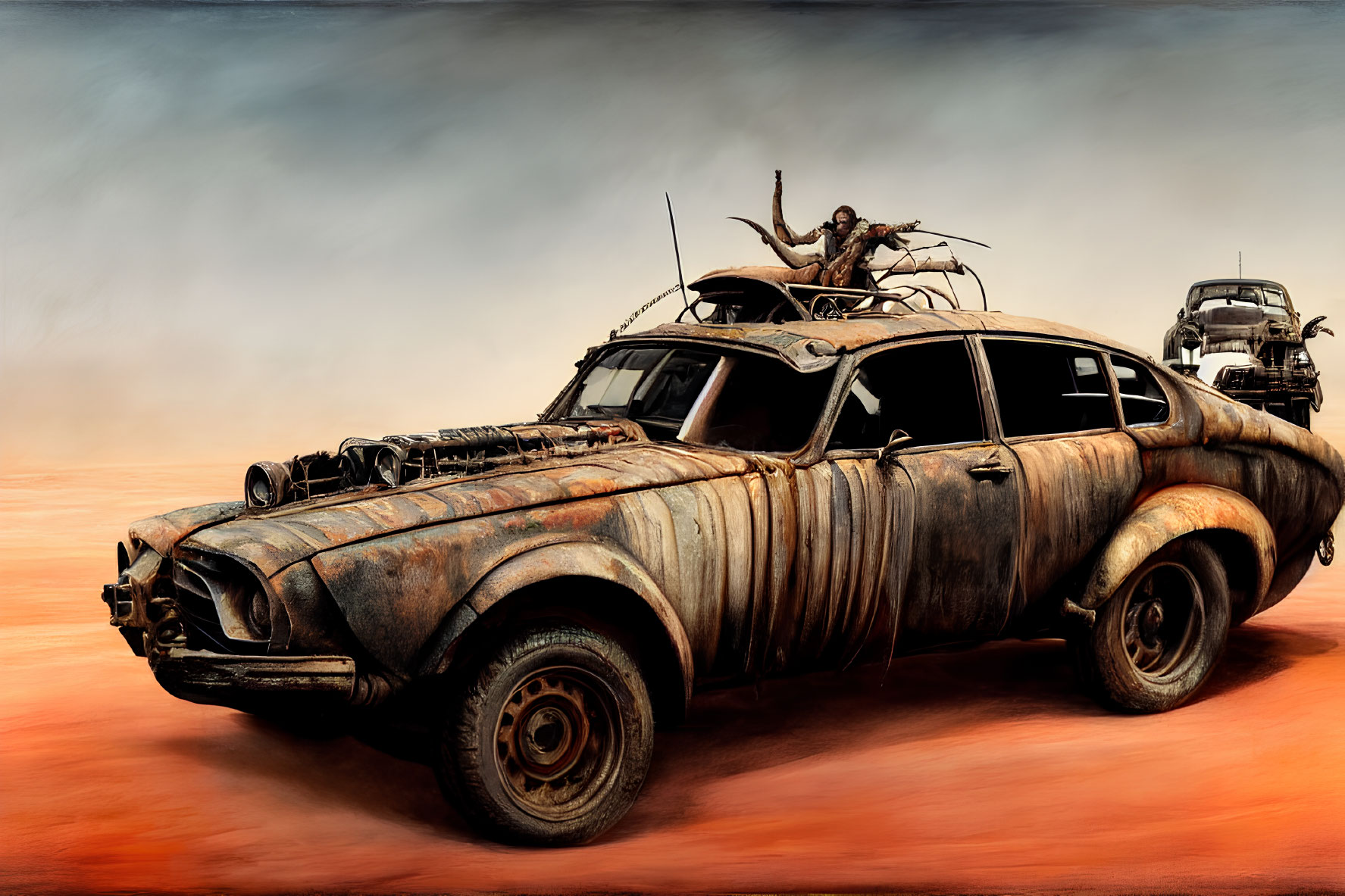 Rustic armored post-apocalyptic vehicle in desert with gesturing person