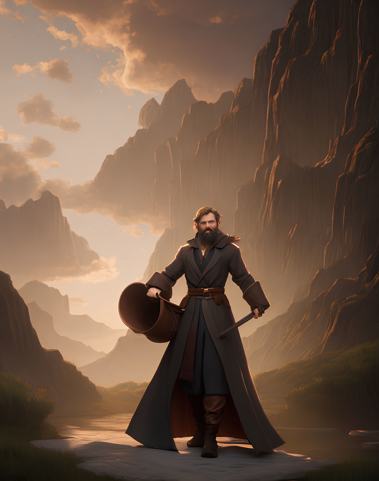 Bearded man in medieval attire on path with cliffs at sunset