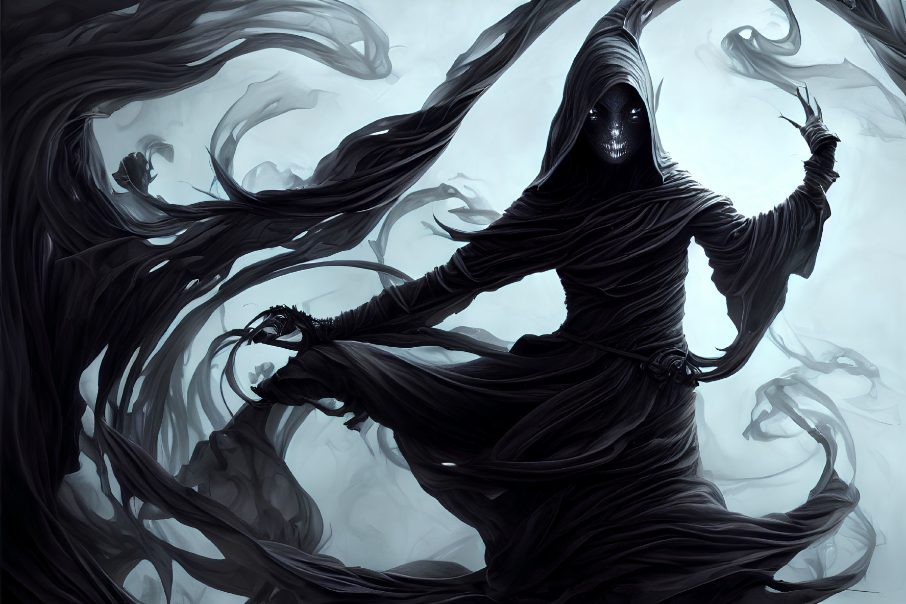 Mysterious cloaked figure with glowing eyes surrounded by dark tendrils