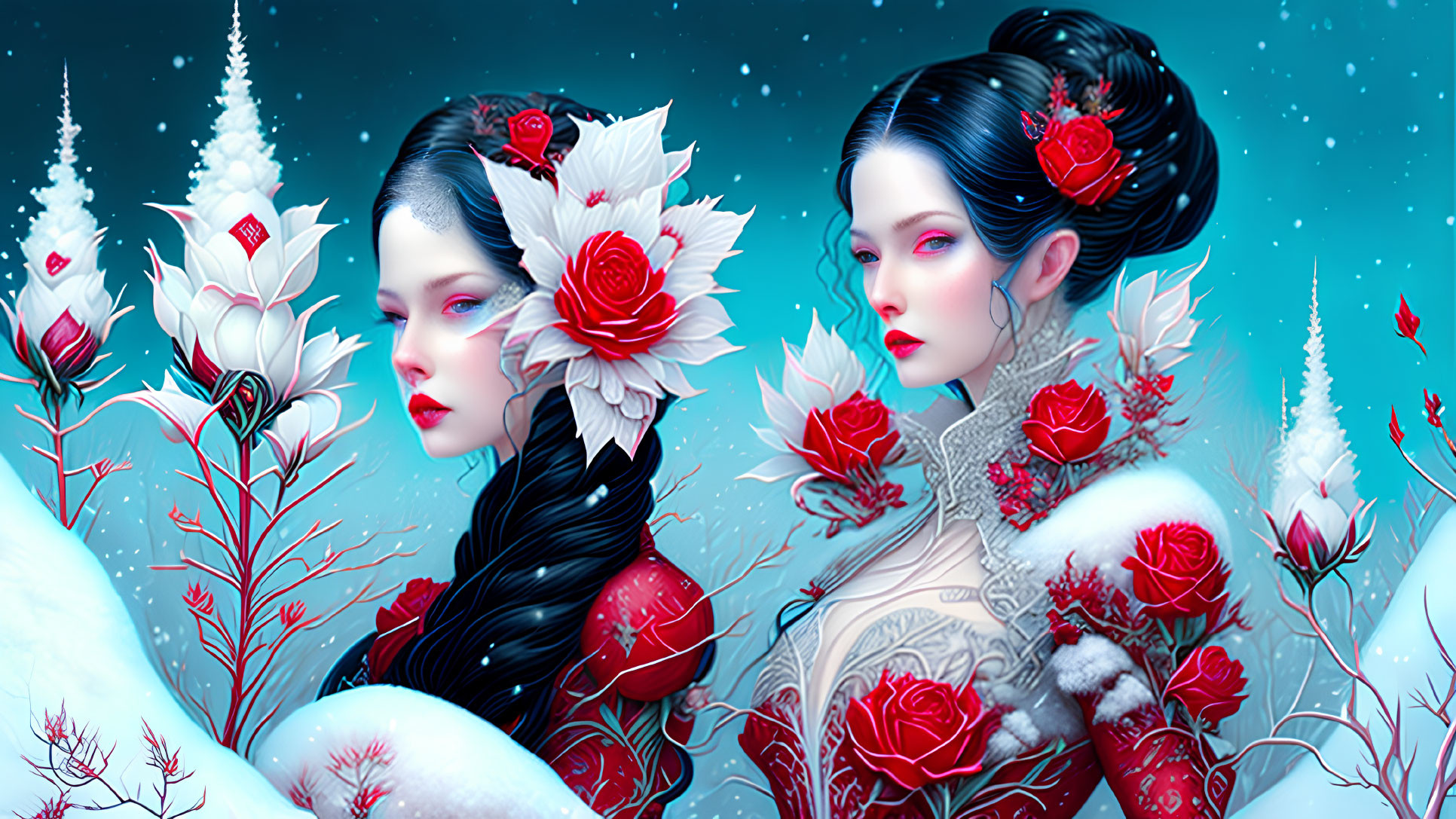 Stylized women with pale skin and dark hair adorned with red flowers in snowy backdrop