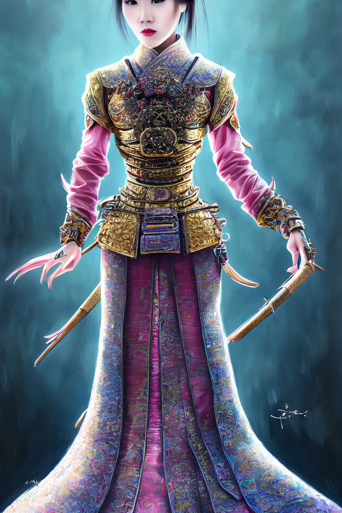 Traditional Asian attire woman in golden armor with sword on teal backdrop