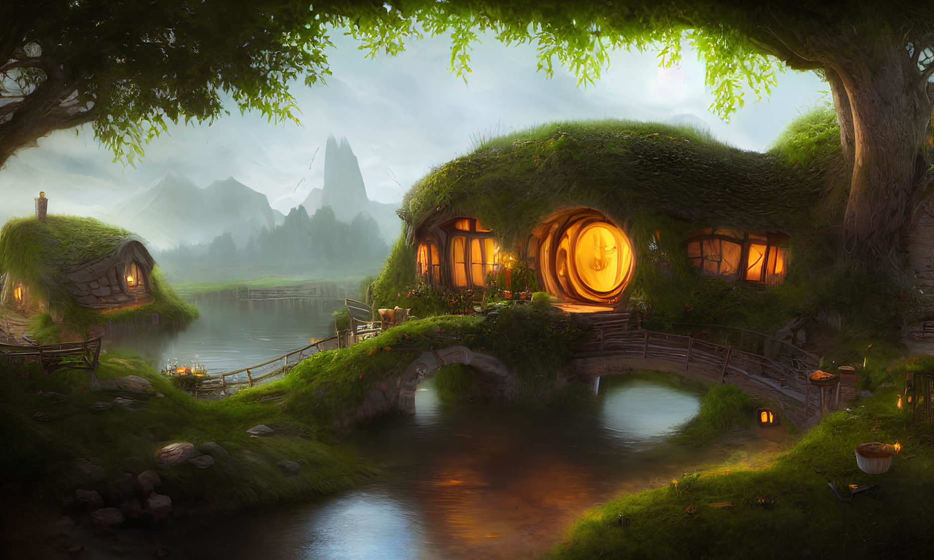 Tranquil fantasy landscape with hobbit-style house by river at dusk