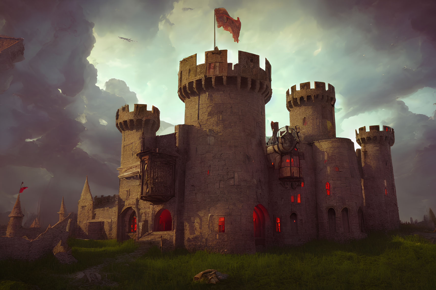 Medieval stone castle with multiple towers and red banners under dramatic sky