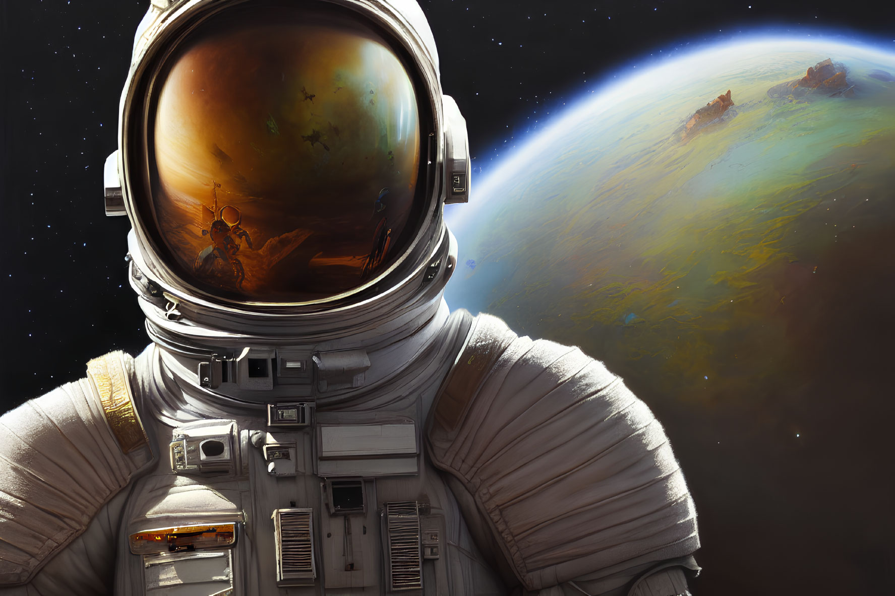 Astronaut in space suit with reflective visor and orange celestial body in space