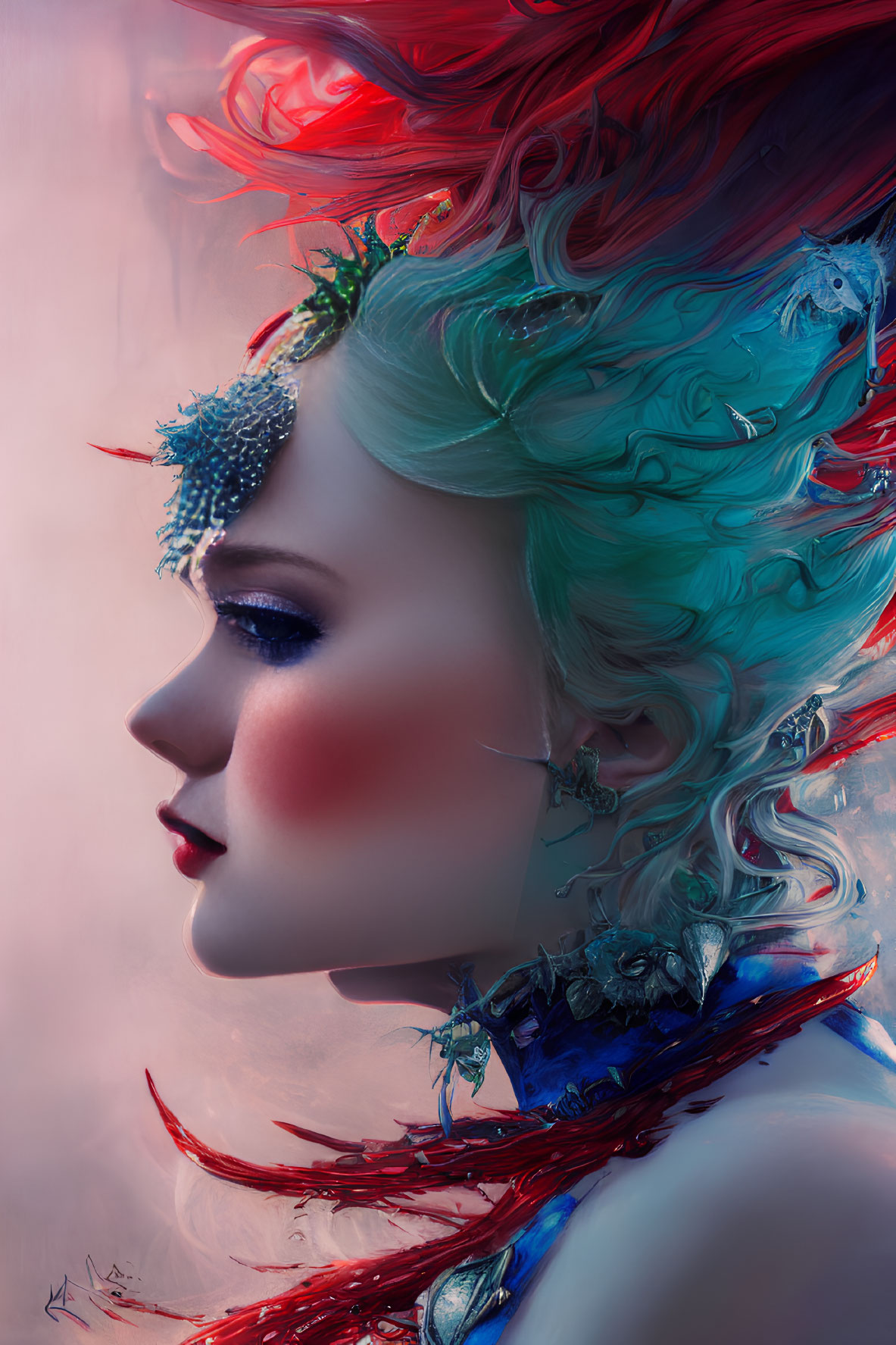 Colorful digital artwork featuring person with blue and red hair and exotic creatures.