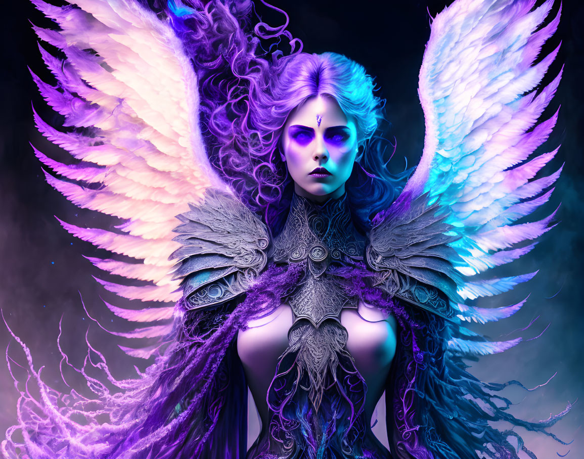 Violet-skinned figure in ornate armor with purple hair and wings