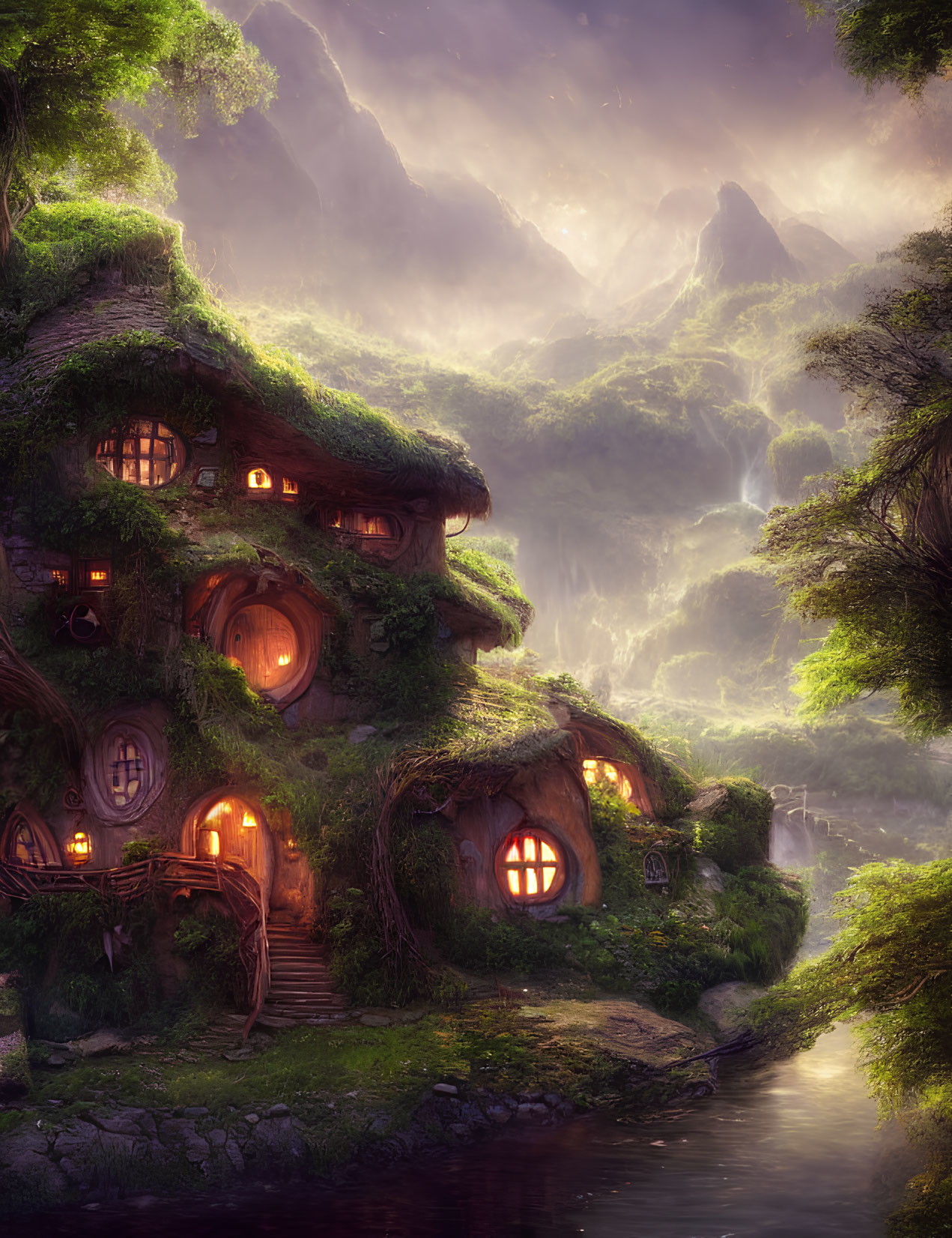 Quaint hobbit-style houses nestled in green hills with glowing windows by a serene river in a mystical