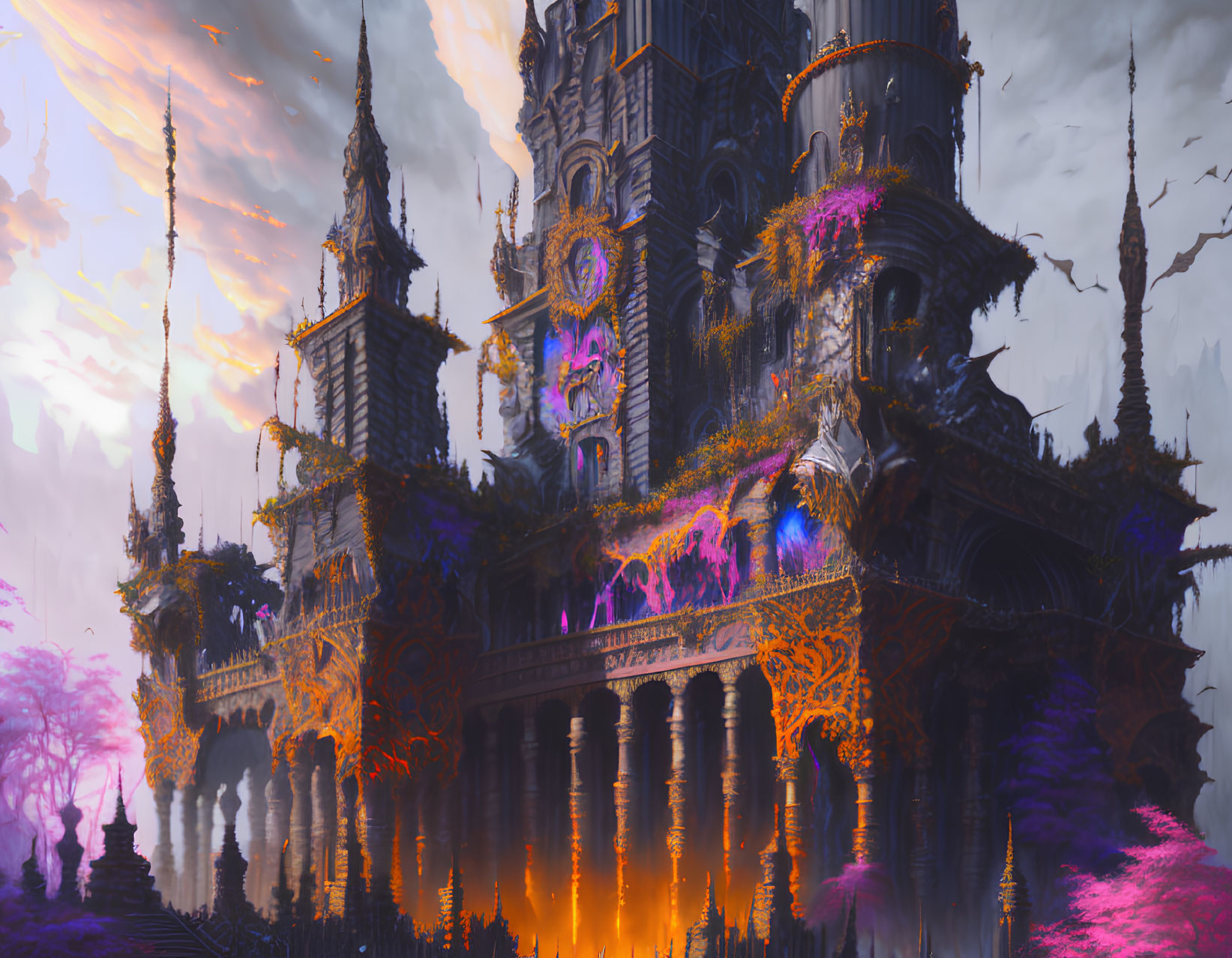 Gothic castle with ornate spires in surreal purple and orange landscape