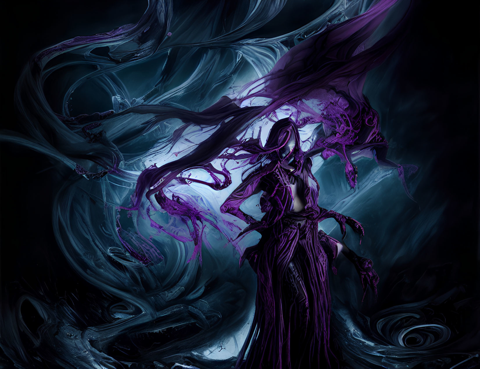 Abstract art piece: Dark blue and purple swirls with blending figure