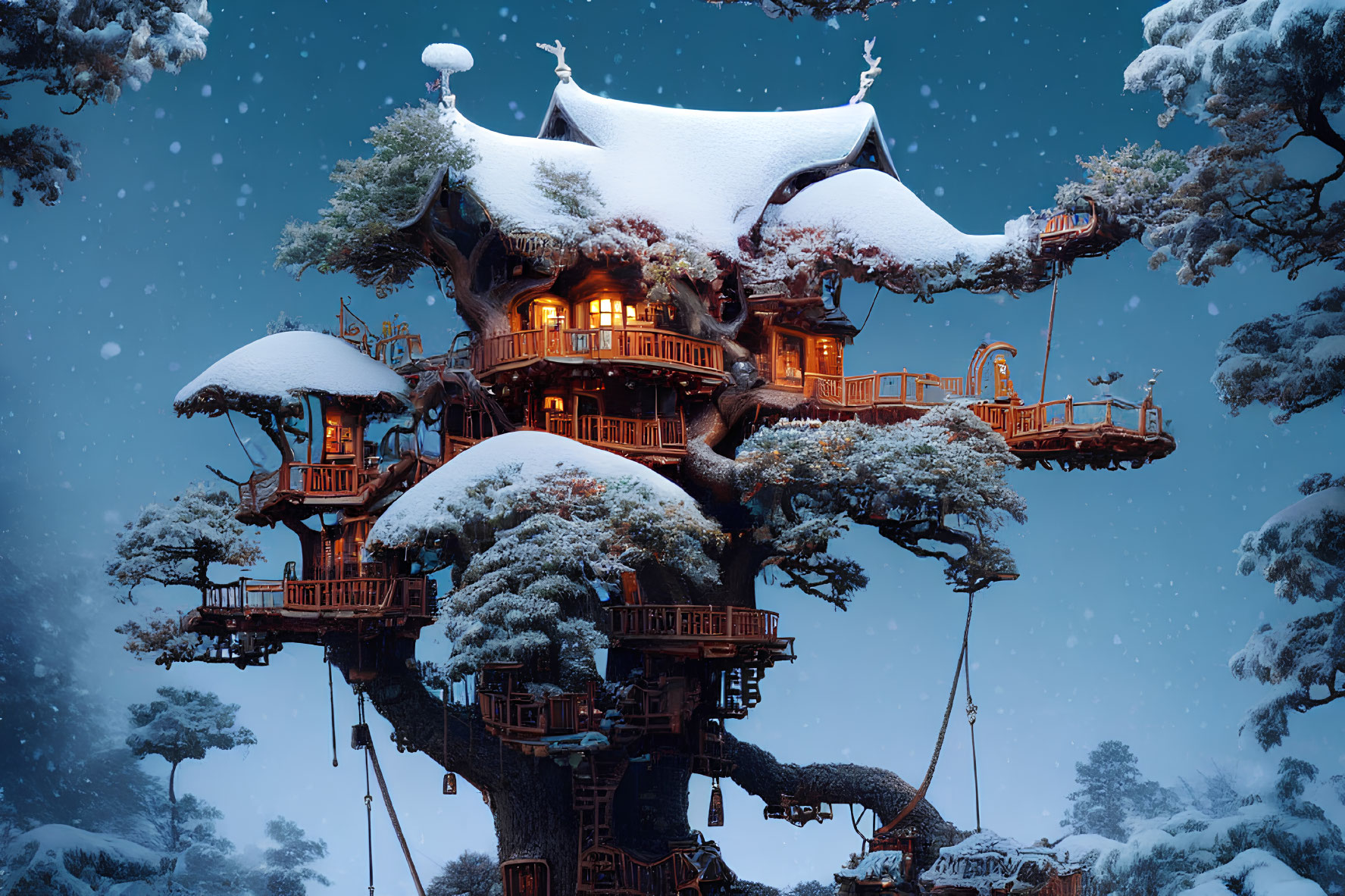 Snow-covered forest treehouse with warm lighting