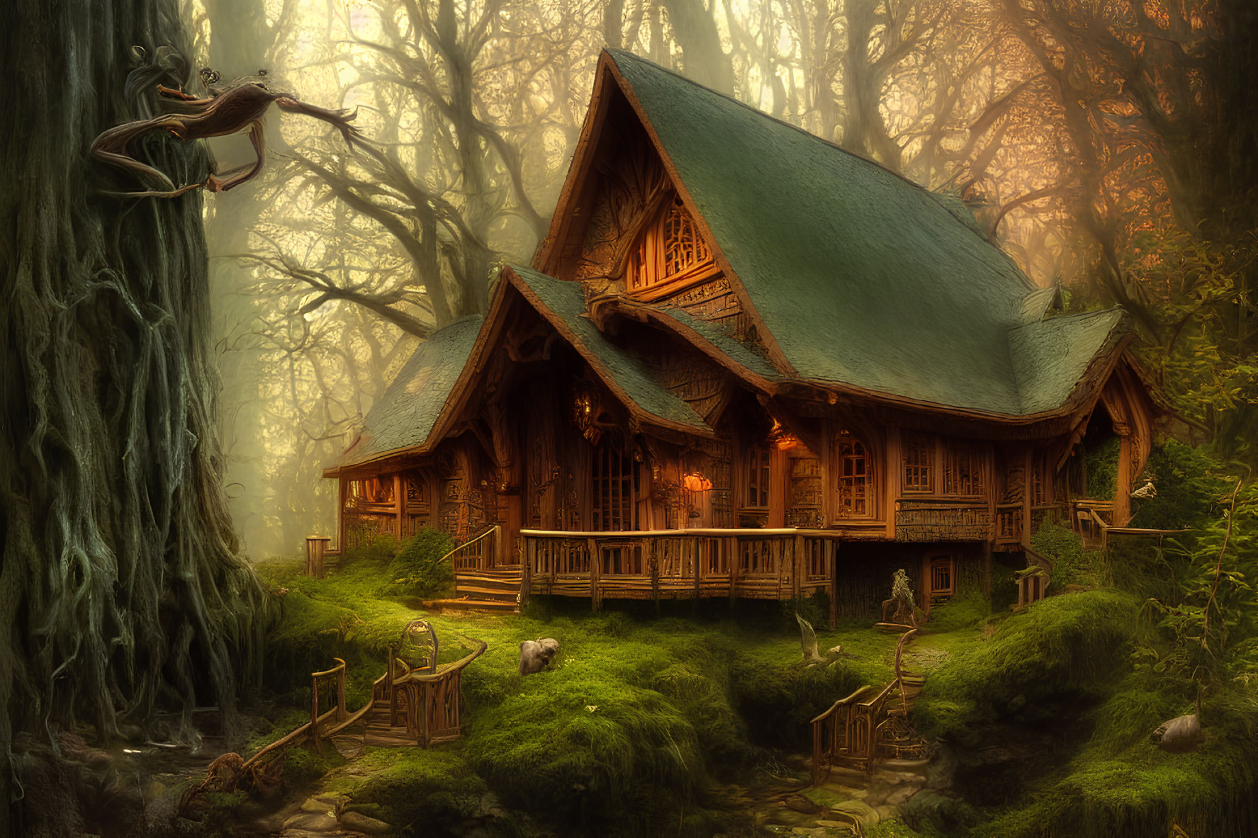 Enchanted forest wooden cottage with green roofs and grazing sheep
