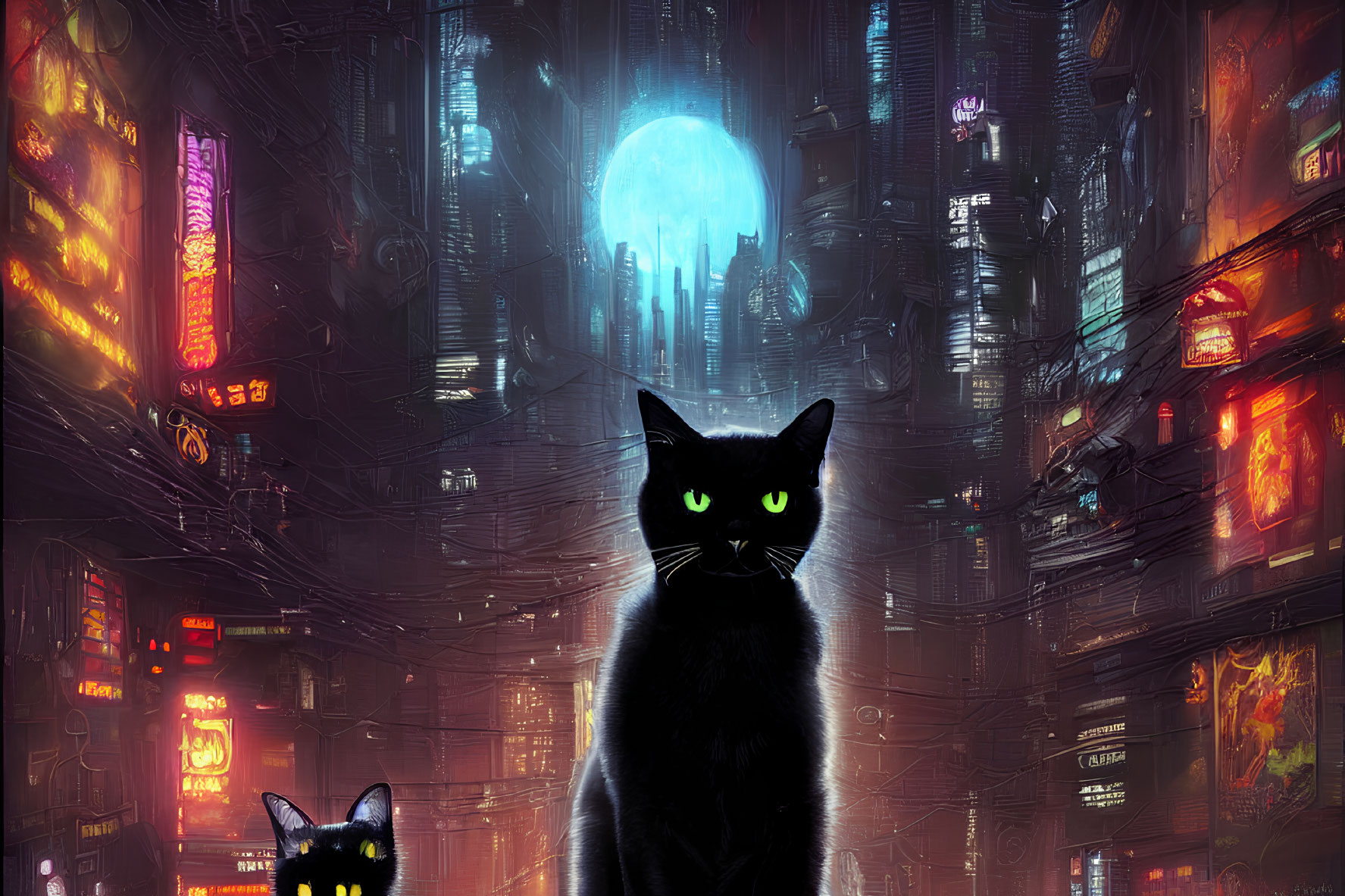 Large Black Cat with Glowing Green Eyes in Neon-lit Cyberpunk Cityscape