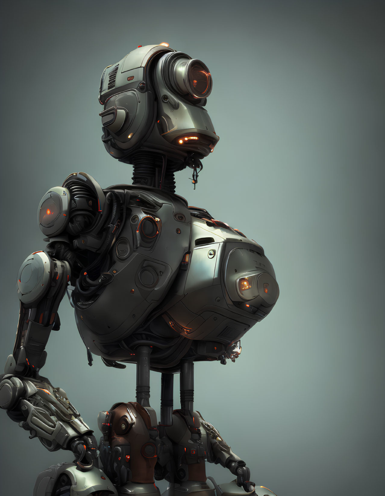 Detailed humanoid robot with camera lens head and mechanical limbs on gray background