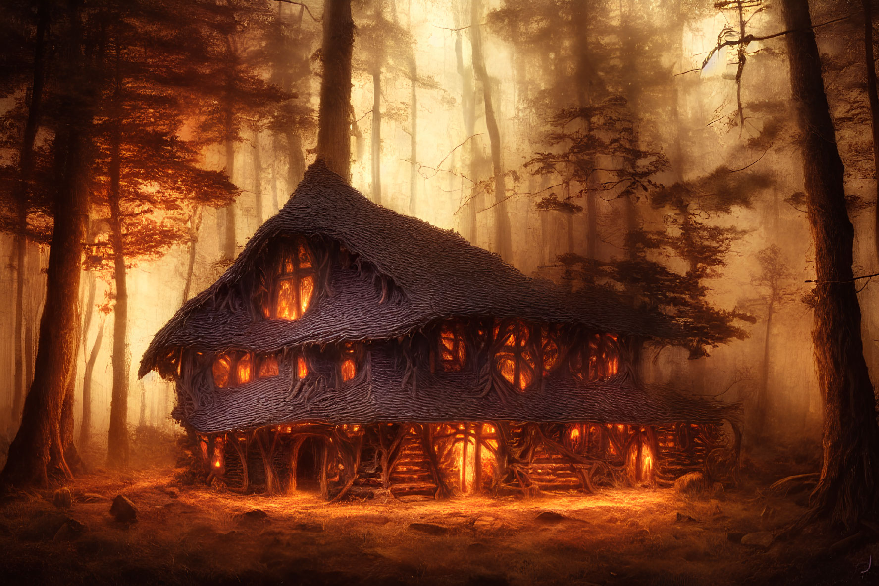 Enchanted cottage in mystical foggy forest with glowing windows