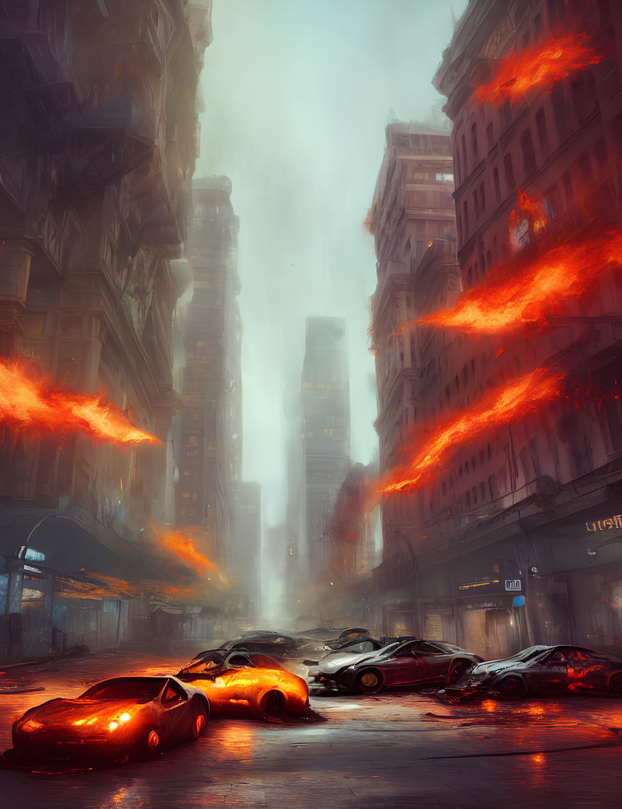 Abandoned glowing cars in dystopian cityscape with fiery streaks