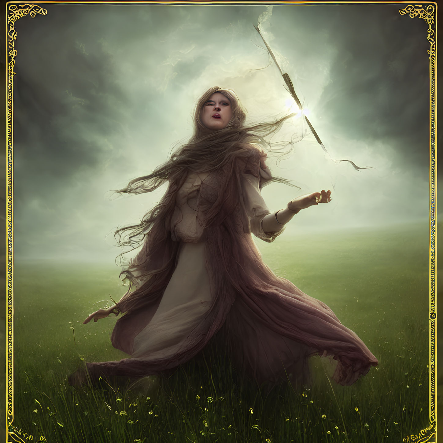 Woman in flowing dress in field with dramatic sky and lightning, framed scene