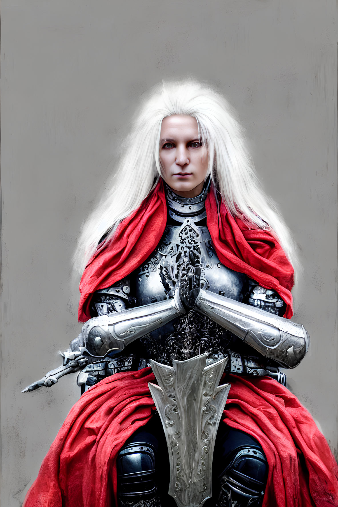 Detailed Silver Armor and Red Cape Fantasy Character with Intense Expression