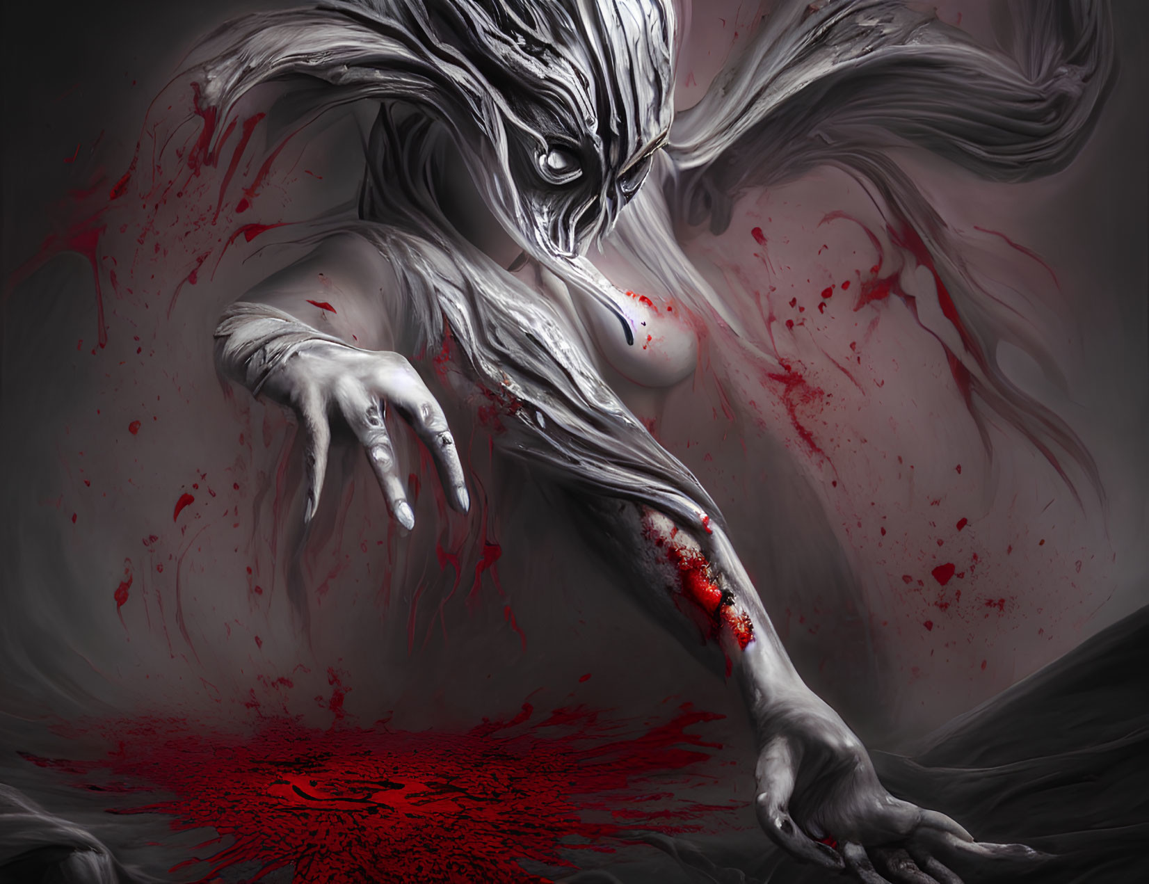 Sinister ethereal creature illustration with sharp features and splattered blood