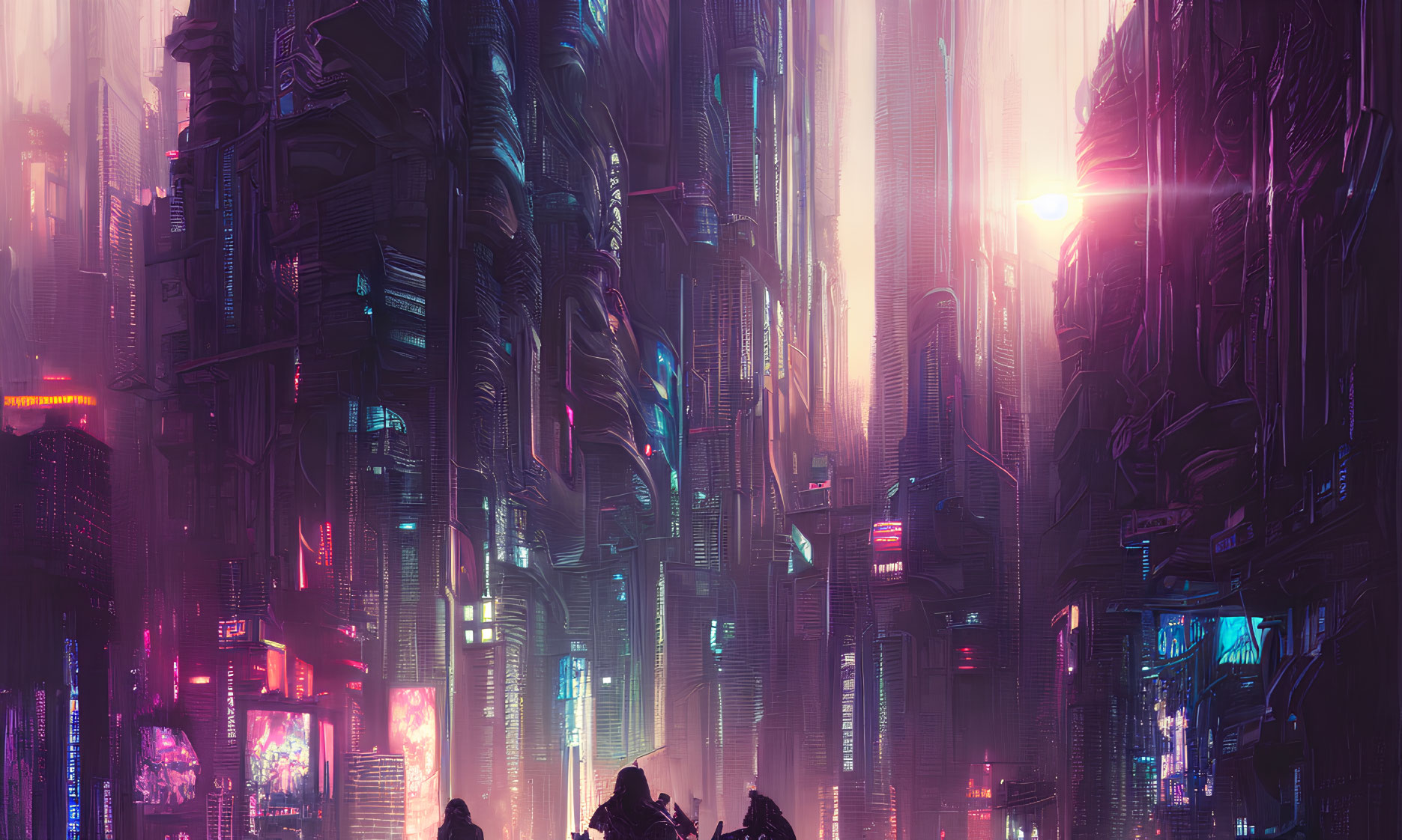 Neon-lit cyberpunk cityscape: towering skyscrapers, glowing signs, flying vehicles in