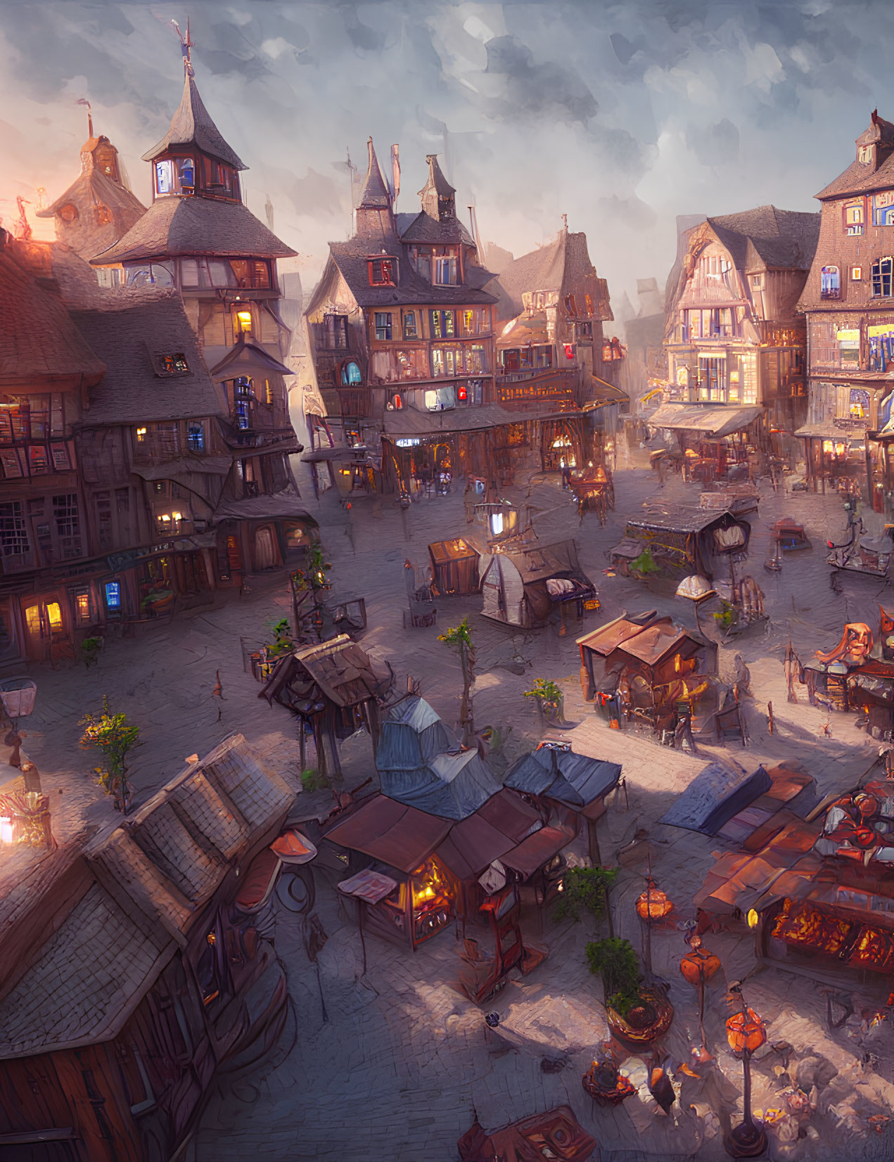Medieval marketplace at dusk with vibrant stalls and cobbled streets