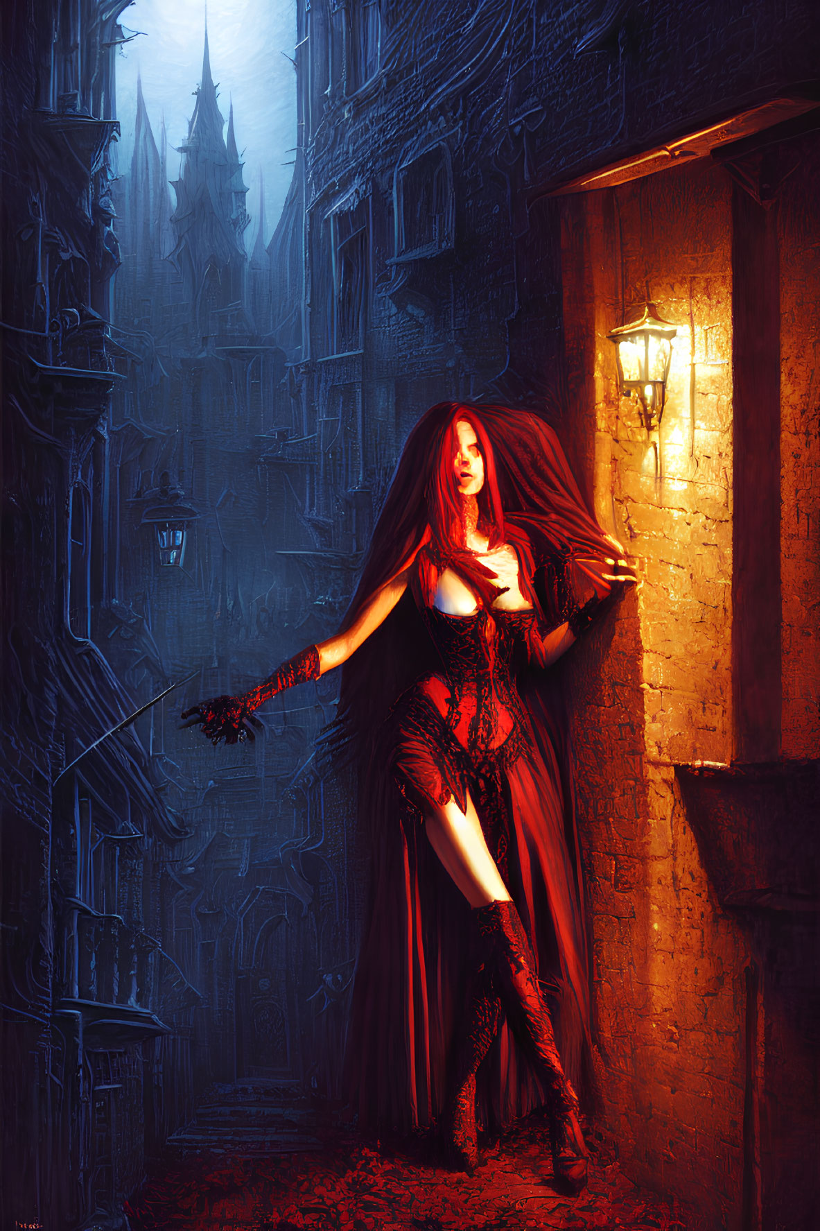Woman in red gothic dress with lantern in eerie alleyway