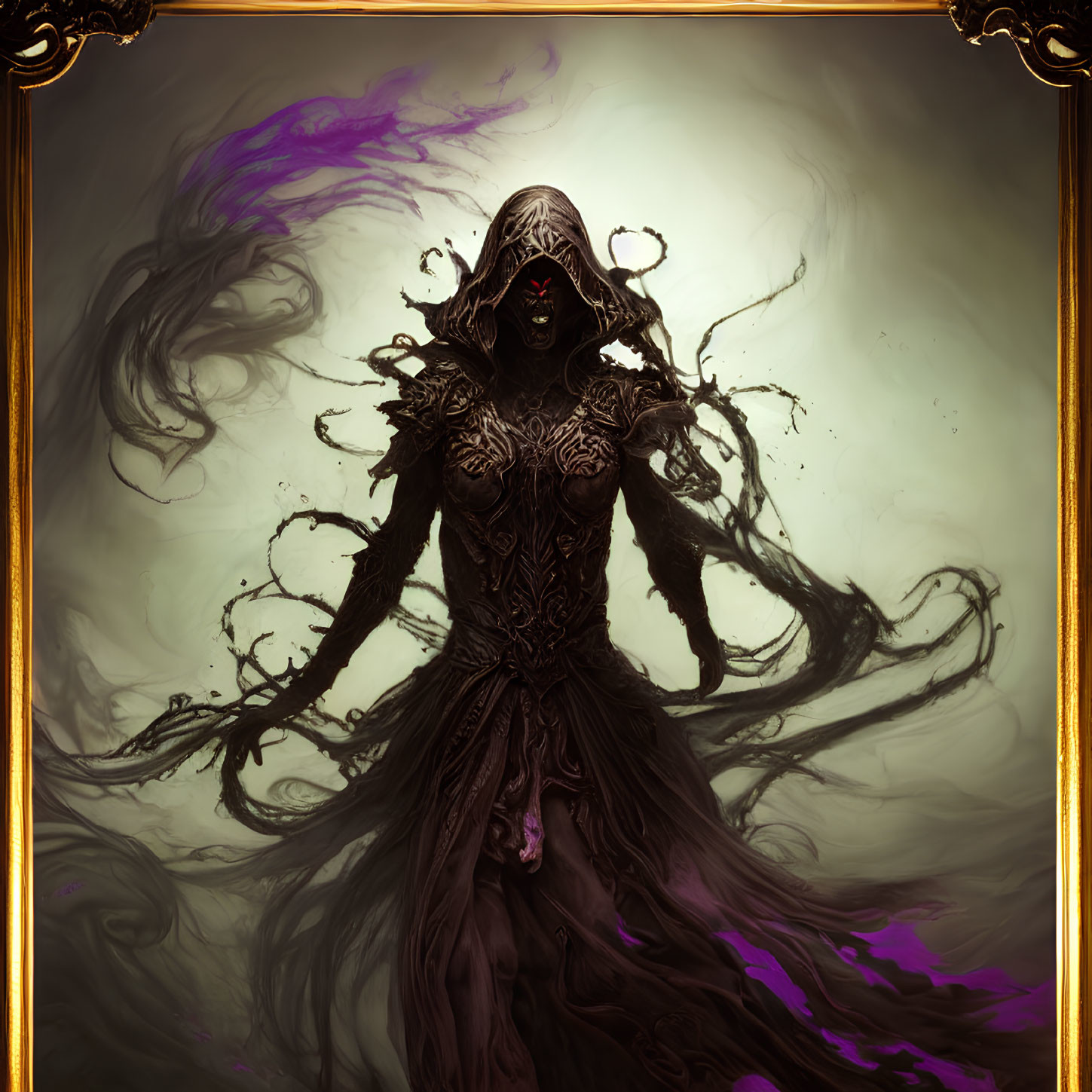 Hooded figure with glowing red eyes in ornate golden frame