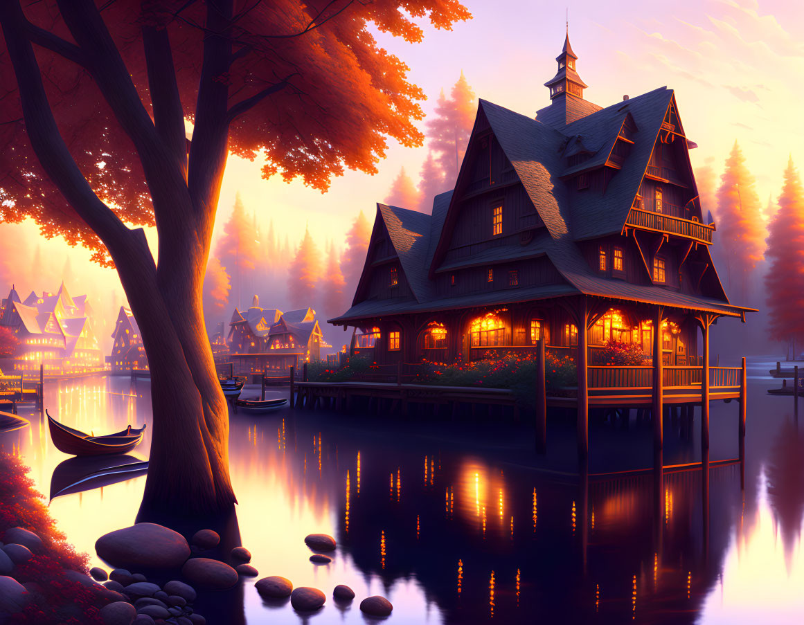Twilight lakeside house with warm lights, autumn trees, and serene lake