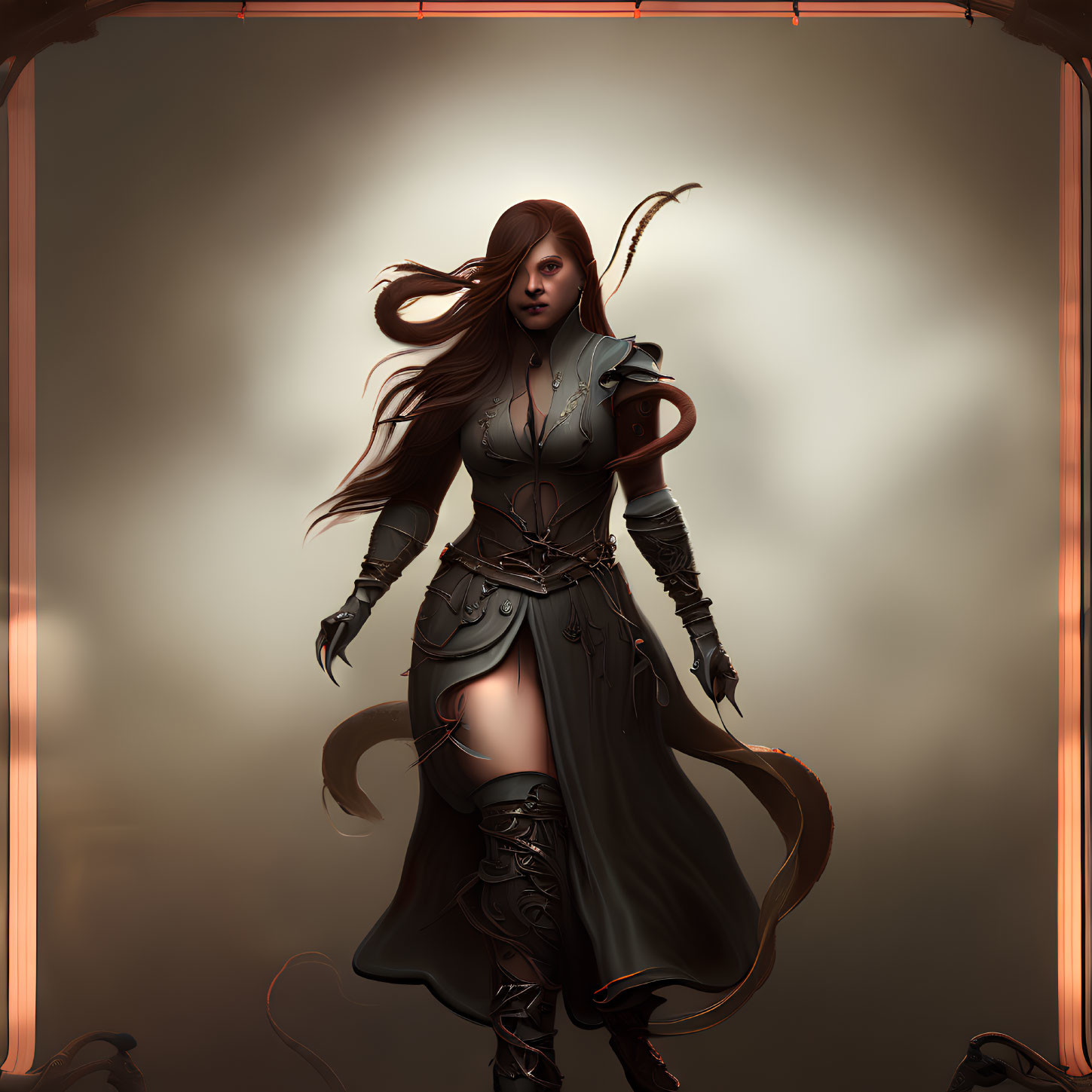 Fantasy female warrior digital artwork with flowing hair and leather armor