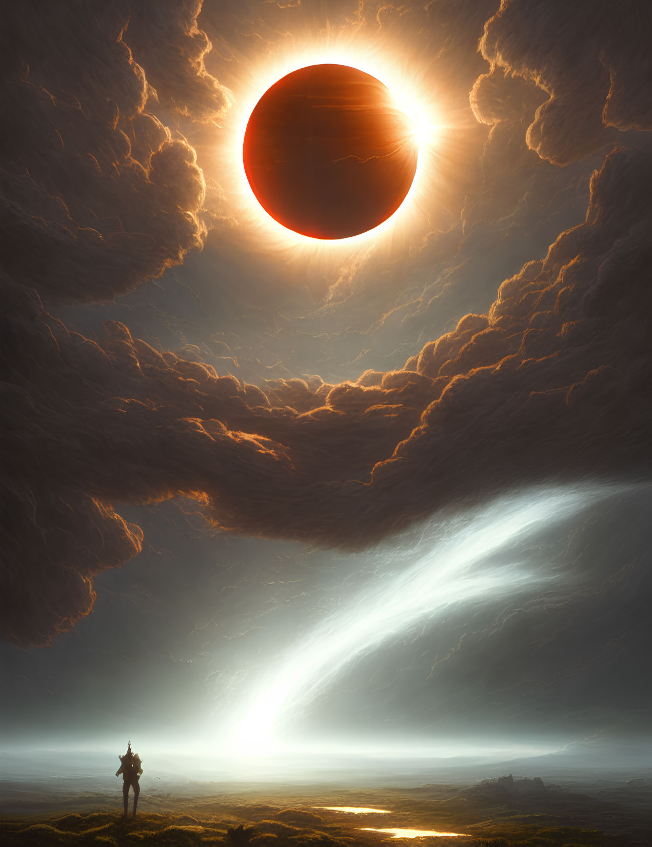 Person under dramatic sky with red eclipse and beam of light over golden landscape