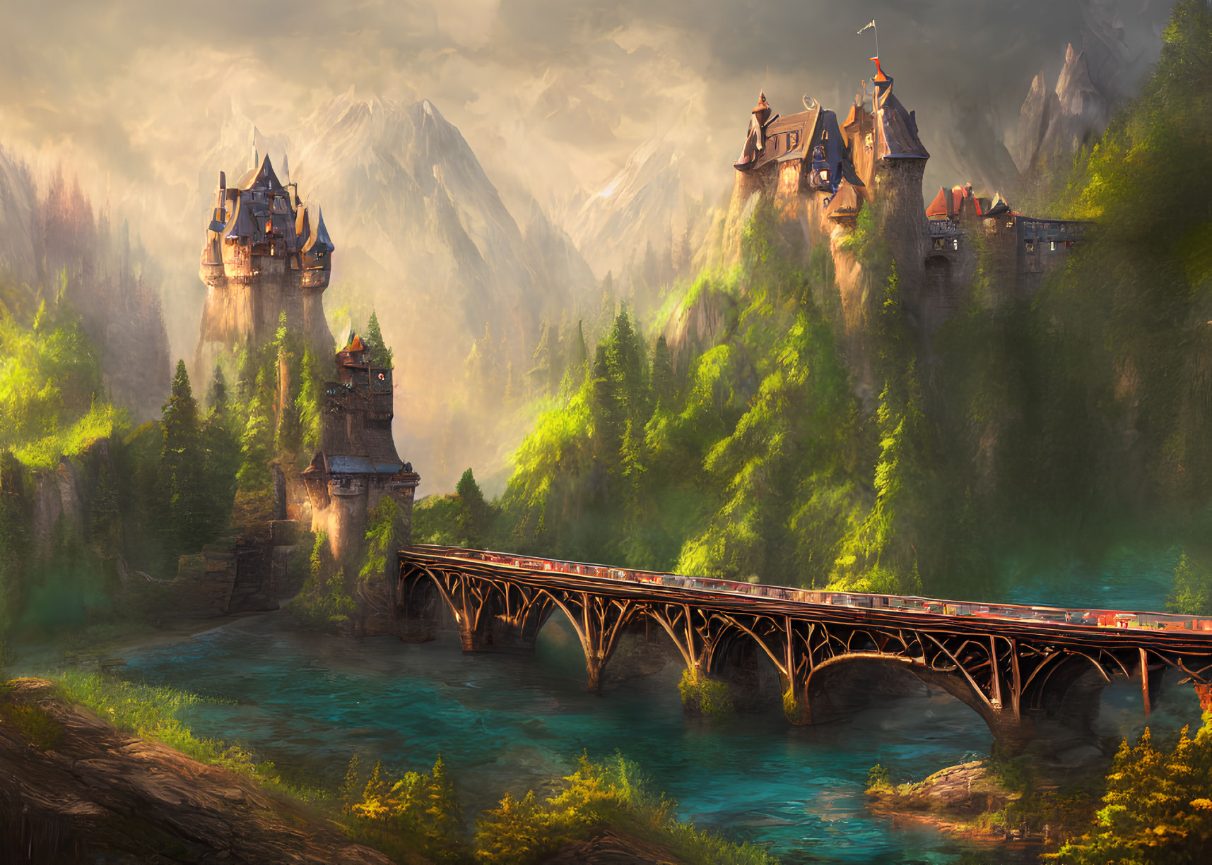 Majestic castle in fantastical landscape with river and mountains