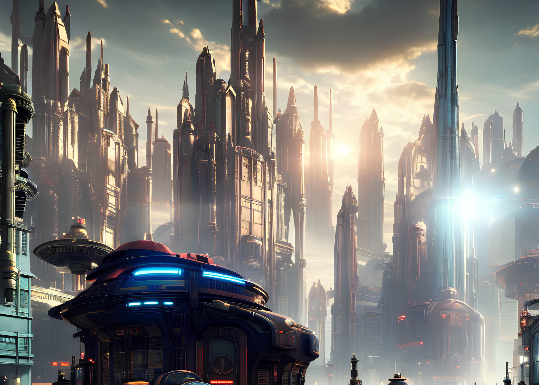 Futuristic sunset cityscape with towering skyscrapers