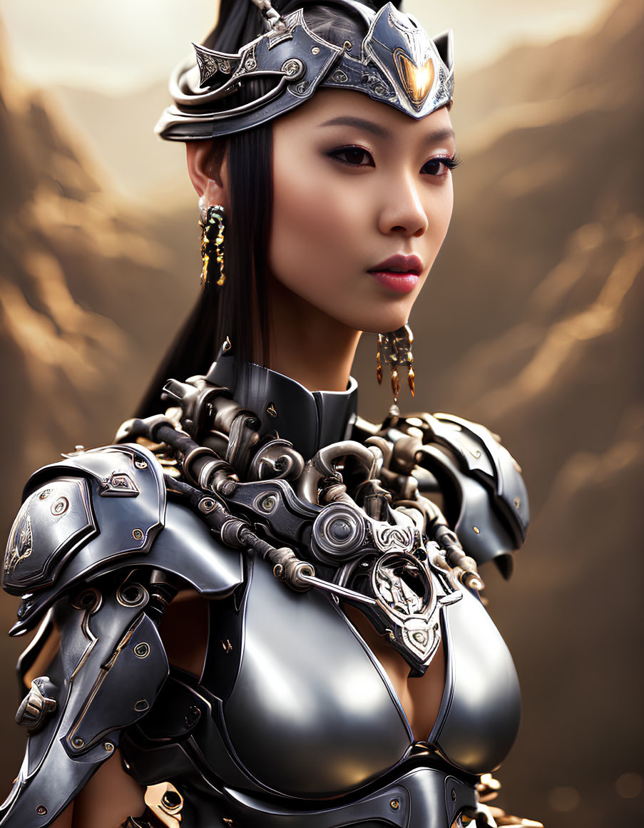Woman in ornate silver armor with helmet and earrings against mountainous backdrop